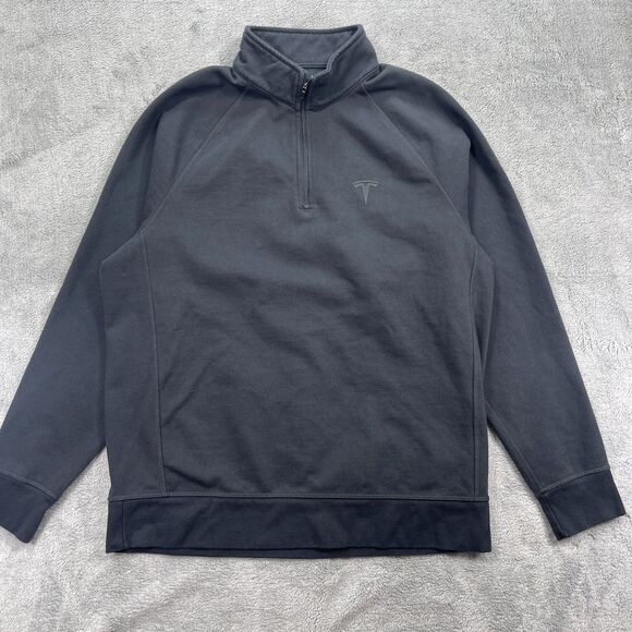 Tesla Sweater Mens Large Gray Knit Cotton Blend Logo Outdoor Mock Neck 1/4 Zip - Picture 1 of 11